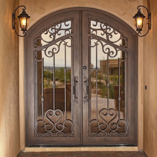 Front Entry Wrought Iron Glass Doors Grill Arched Design custom ironwork