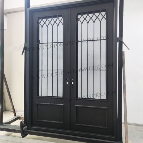 Simple design wrought iron double door insert glass