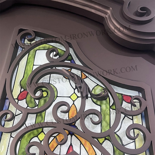 Modern wrought iron door inseted colorful glass