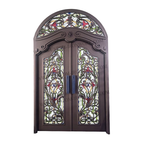 Modern wrought iron door inseted colorful glass