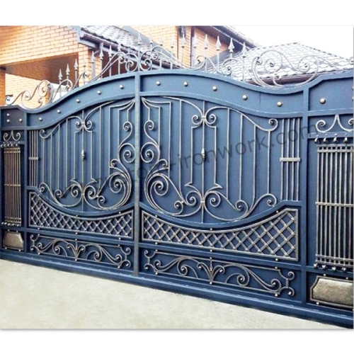 Vintage hand forged iron automatic sliding gate sealed with metal panel