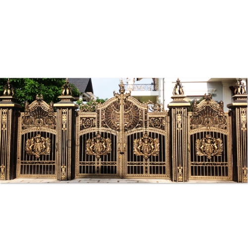 Golden wrought iron luxurious double gate with small both side gate