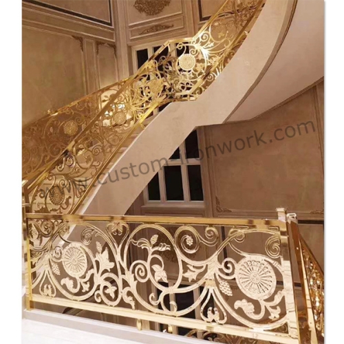 Ornate golden steel interior stair handrail custom design